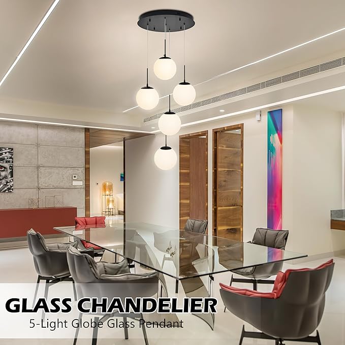 KoKo&Yukina 5-Light Globe Glass Pendant Light Adjustable Length Pendant Lights Fixtures Modern Black Chandelier with Milky White Glass Ceiling Lights for Living Room Staircase (Bulb & Remote Incl.)