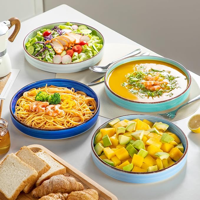 vancasso Bonita Pasta Bowls Set of 4, 32oz Shallow Bowl Plates, Dinner Bowls, Ceramic Pasta Plates, Microwave & Dishwasher Safe Serving Bowls, Bule
