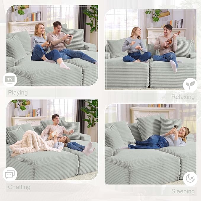 GNIXUU 78.8" Oversized Double Chaise Lounges Indoor, 2 Pieces Comfy Corduroy Chaise Lounge Chair Cloud Boneless Couch, Fluffy Upholstered Sleeper Loveseat Bed for Living Room Bedroom(Light Gray)
