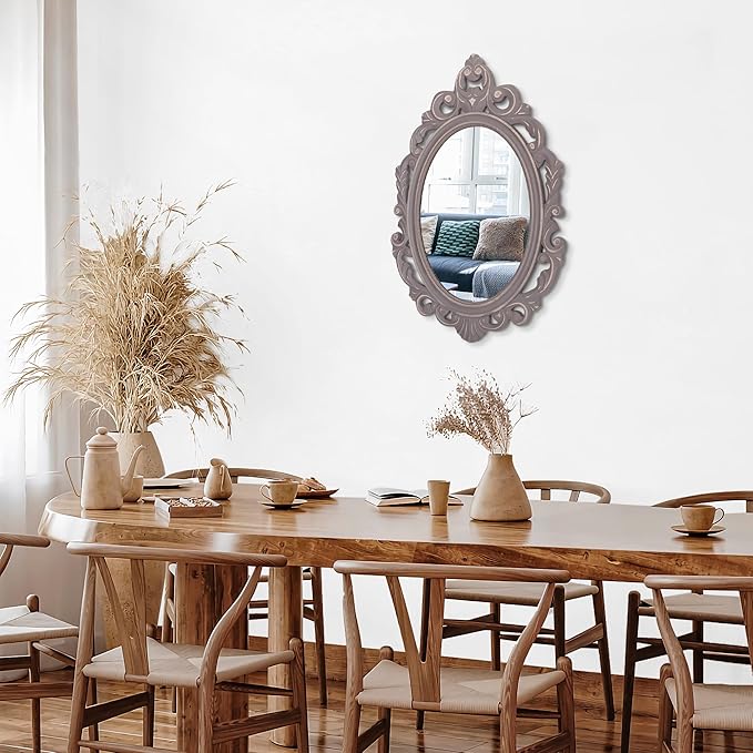 Hanging Wall Mirror Wall Decor Vintage Brown Antique Oval Carved Wood Frame Bathroom Mirror Vanity Rustic Wall Mounted Mirrors Decorative Farmhouse Mirrors for Bedroom Living Room 20"x16"