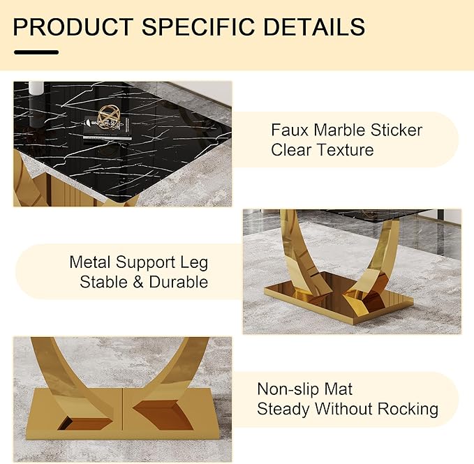 63” Dining Room Table Set for 4,Modern Gold Dining Table Set for 4, Rectangle kitchen Table Set With PU Leather Chairs,Black Faux Marble Dinner Table Set with Tempered Glass Top and Golden Base