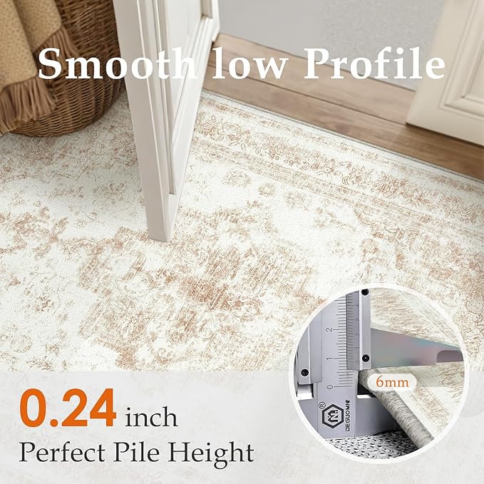 Runner Rug 2x7 Cream Hallway Washable Beige Carpet Non Slip Vintage Medallion Beige Carpet Low Pile Soft Distressed Retro Indoor Long Rug for Entryway Kitchen Bathroom Laundry Bedroom