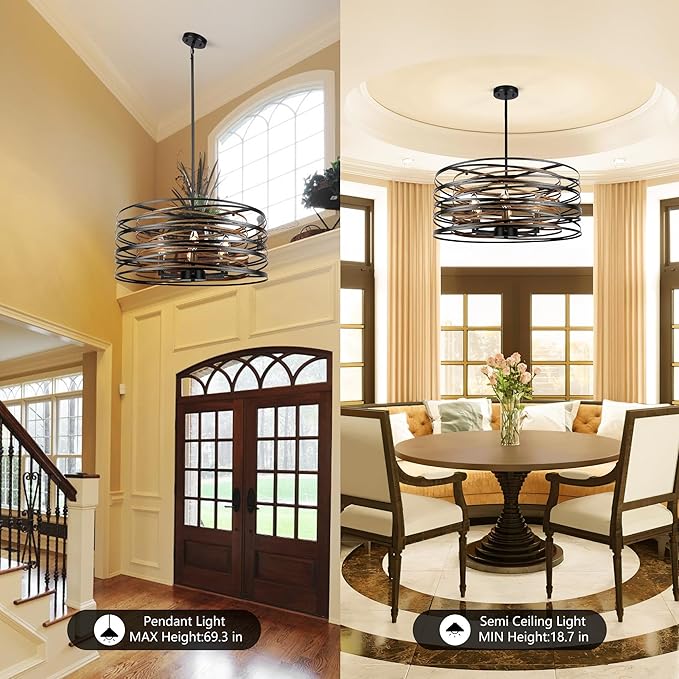 6-Light Dining Room Chandeliers Farmhouse，23.6" Large Black Farmhouse Chandelier，Wood Grain and Vintage Black Dining Room Light Fixture for Kitchen Entryway Living Room