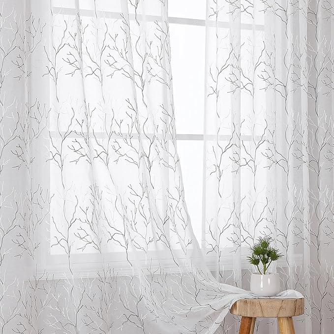 VISIONTEX Sheer Curtains 72 inch Length 2 Panels Set, Decorative Grey Coral Embroidery, Rod Pocket Embroidered Window Drapes for Living Room and Bedroom, 54" x 72"