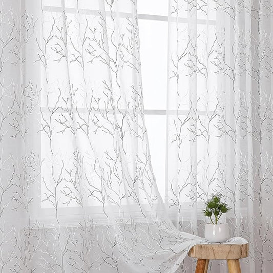 VISIONTEX Sheer Curtains 72 inch Length 2 Panels Set, Decorative Grey Coral Embroidery, Rod Pocket Embroidered Window Drapes for Living Room and Bedroom, 54" x 72"