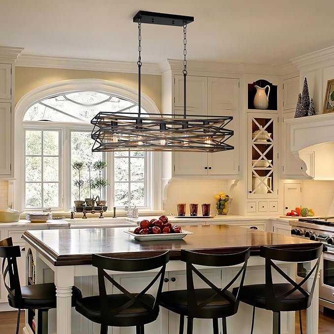 33.5''Farmhouse Dining Room Light Fixture,5-Light Kitchen Island Lighting,Industrial Chandelier for Dining Room Over Table Kitchen,Large Linear Chandelier with Retro Wood Texture Interior