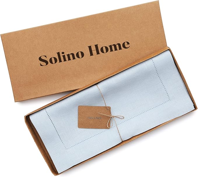 Solino Home Linen Light Blue Table Runner 48 Inches - Classic Hemstitch, 100% Pure Linen Coffee Table Runner 14 x 48 Inch Ideal for Dresser Tables