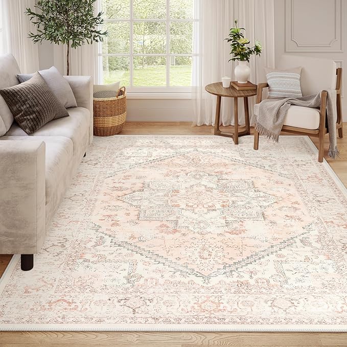 LIVEBOX Pink Area Rug 8x10 - Large Oriental Floral Living Room Rugs Accent Rug for Bedroom, Non-Slip Retro Medallion Carpet Print Distressed Rugs for Dining Room Office (Pink/Peach)