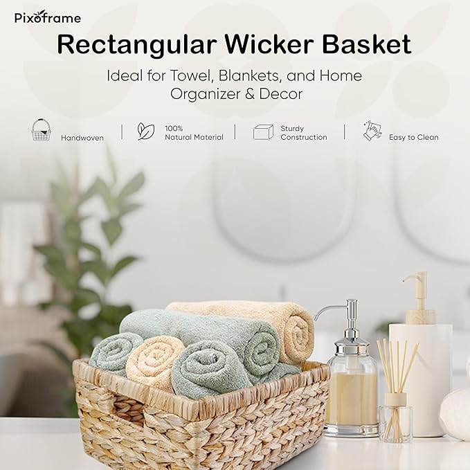 Large Rectangular Handwoven Wicker Basket - Natural Water Hyacinth Storage Baskets with 2 Built-in Handles - Ideal for Towel, Blankets, and Home Organizer & Decor - 16.5"x13"x7.50" - Brown