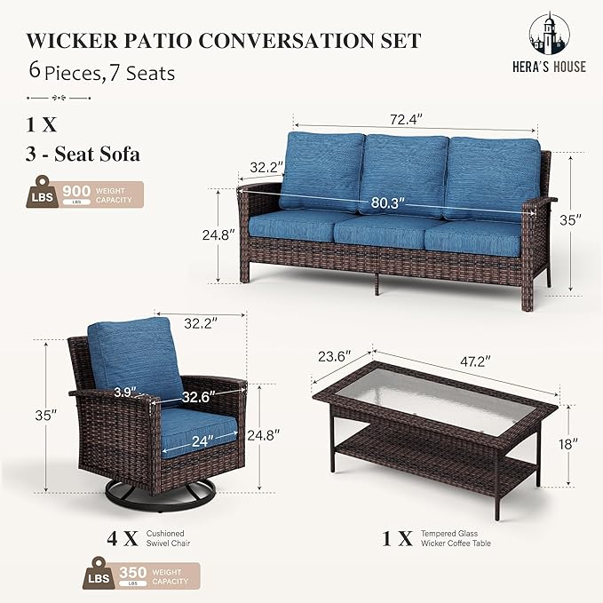 HERA'S HOUSE Patio Furniture Set, 4 x High Back Swivel Chairs with 5.5" Comfy Cushions, 6 Pieces Outdoor Wicker Conversation Set for Lawn Deck Backyard, Navy Blue