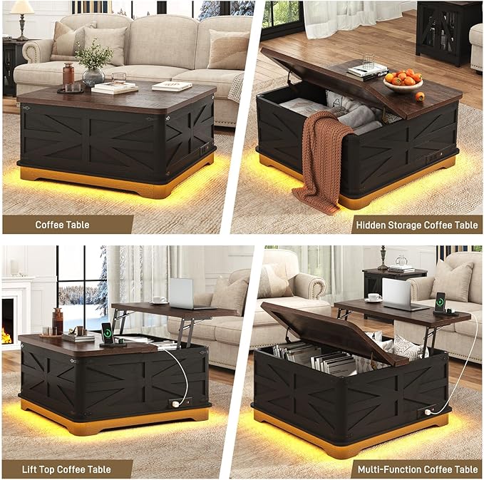 36" Farmhouse LED Lift Top Coffee Table with Storage and Power Outlets, Square Wood Living Room Tables with LED Lights & Large Hidden Space, Lift Wooden Barn Door Center Table, Black