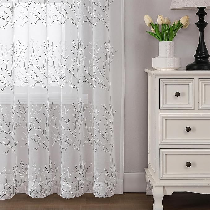 VISIONTEX Sheer Curtains 72 inch Length 2 Panels Set, Decorative Grey Coral Embroidery, Rod Pocket Embroidered Window Drapes for Living Room and Bedroom, 54" x 72"