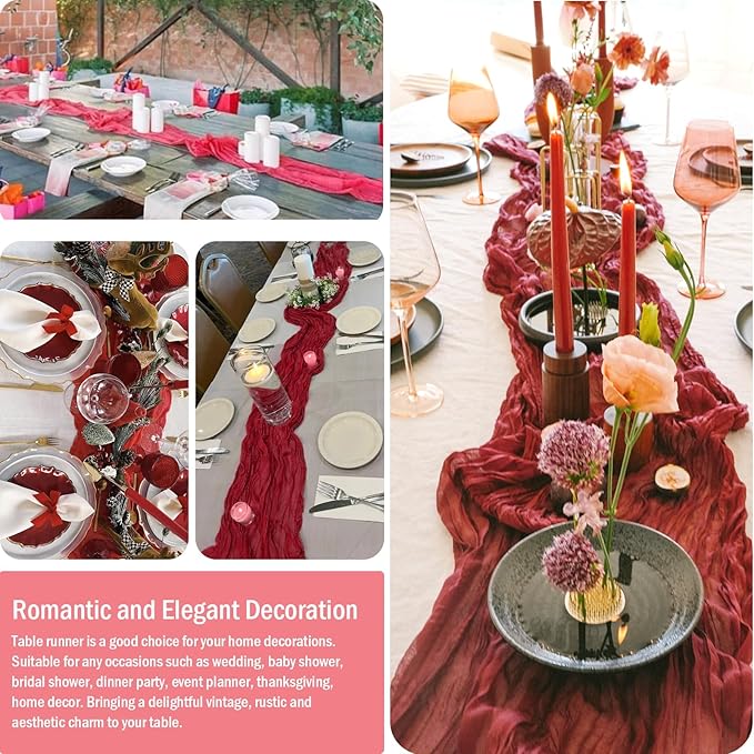 8 Pack Red Cheesecloth Table Runner 35x120 Inches Boho Gauze Rustic Christmas Cheese Cloth Table Runners 10ft Long Romantic Sheer Table Runner for Wedding Bridal Baby Shower Party Decor