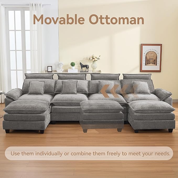 134'' Cloud Modern 4 Seater Couch with Detachable Headrest, Modular Sectional Sofa with 2 Ottoman, Oversized U Shape Chenille Comfy Sofa with Armrests for Living Room, Light Grey