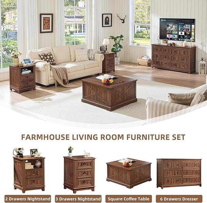 Farmhouse Coffee Table with Large Hidden Storage Compartment, Brown Retro Square Center Table, Wood Rustic Low Modern Living Room Tables with Hinged Lift Brown Top & Wooden Arc Base