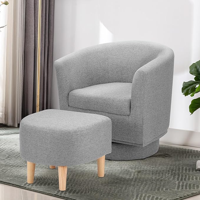 DAZONE Swivel Accent Chair Set of 2 with Ottoman, Modern Upholstered Barrel Armchairs with 360° Swivel Base, Comfortable Club Chairs for Living Room, Bedroom, Reading Nook, Grey