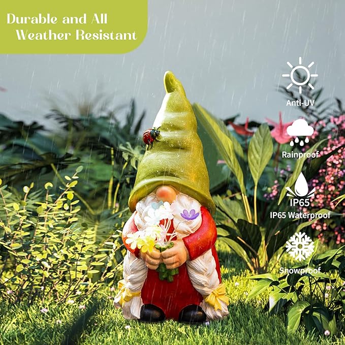 Solar Garden Gnome Lady Statues Outdoor Gnomes with Flowers Lights Fall Porch Patio Lawn Yard Decoration - Ideal Christamas Gardening Birthday Gifts for Woman Mom