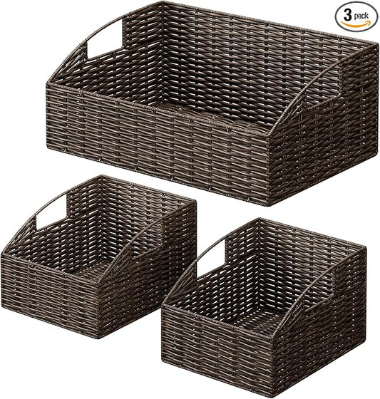 Ollieroo Rattan Storage Baskets, Handwoven Wicker Storage Bins with Built-in Handles, Storage Container Baskets for Shelves, Bedroom, Bathroom, Laundry Room or Kitchen(Brown)