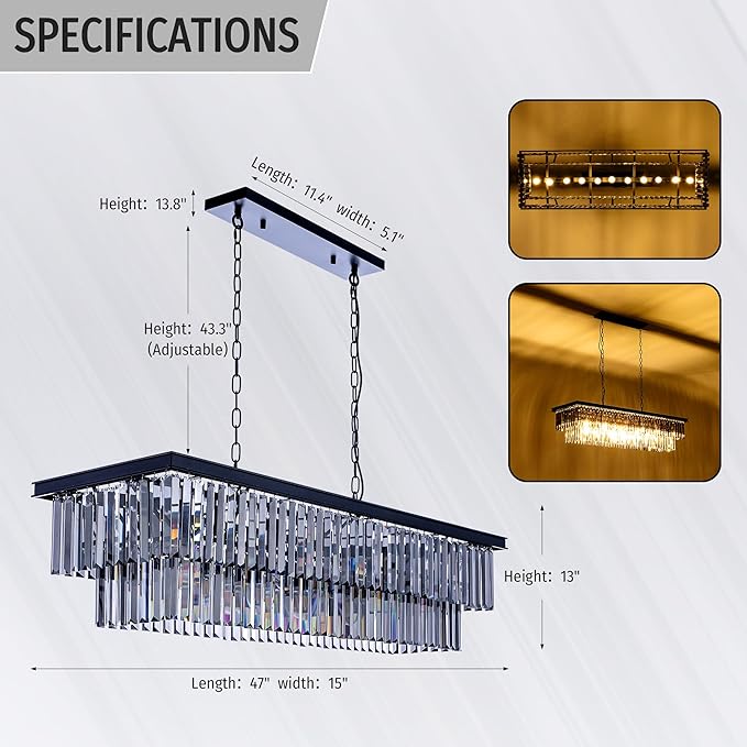 Wellmet Crystal Chandelier 47 inch, 11-Light Modern Smoke Grey Rectangular Crystal Chandelier Ceiling Hanging, Linear Chandeliers Light Fixture for Living Room, Dining Room, Bedroom, Kitchen Island