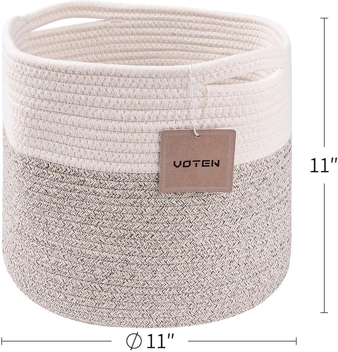 voten Storage Cubes Baskets Bins Organizer 11x11x11'' Fit 12x12''Cube Storage Organizer Bookcases Shelves,Durable Woven Cotton Storage Basket for Organizing,Round 3Pack Off White/Light Brown