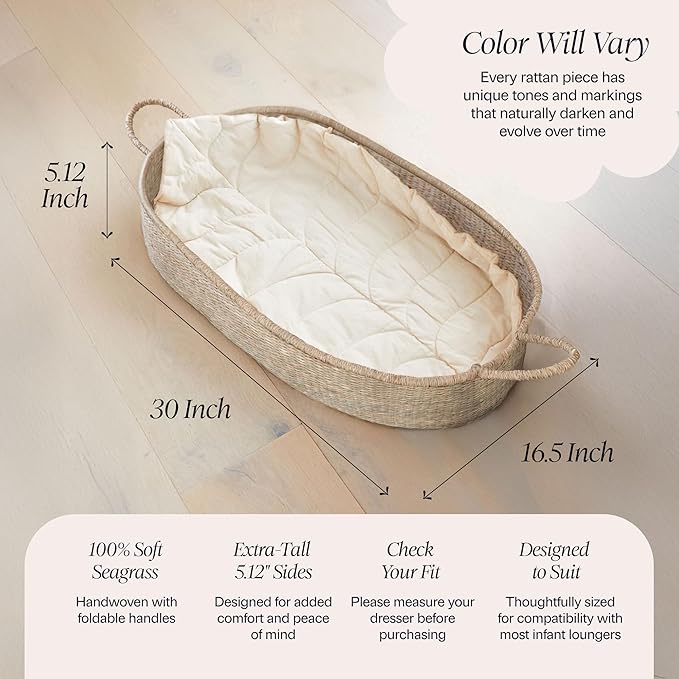 BEBE BASK Premium Baby Changing Basket - Artisan-Crafted Seagrass With Extra High Sides - Changing Basket for Baby Dresser - All Accessories Included - Complete Set for Nursery (Natural)