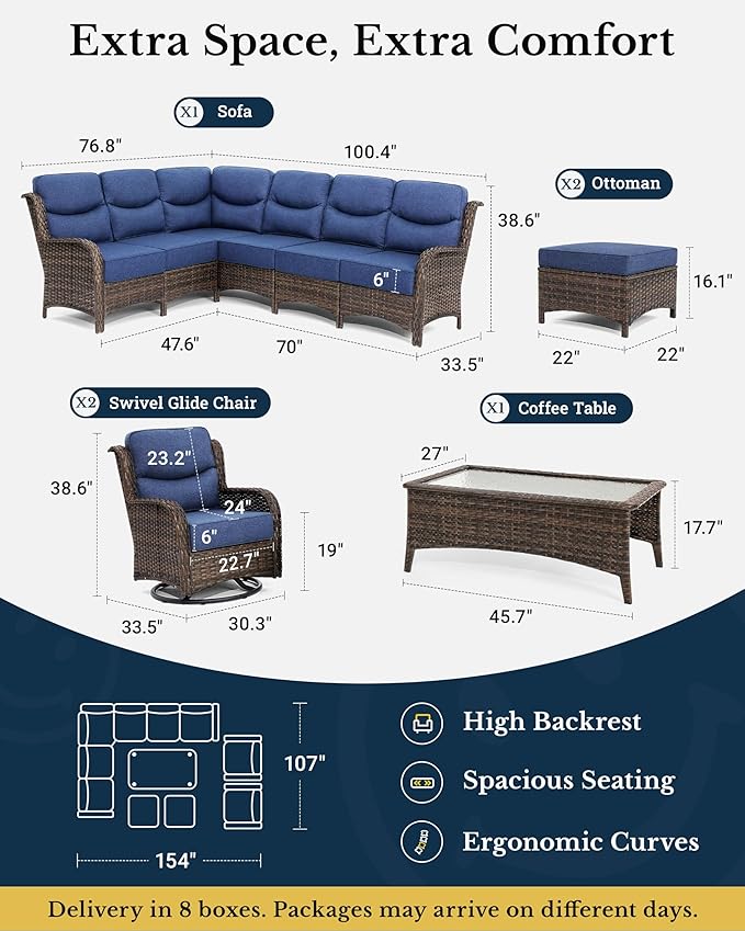 HILLGA Luxury High Back Patio Furniture Set with 6-Inch Thick Cushion, 6-Piece Outdoor Conversation Set with Corner Sofa, Swivel Rocker Chairs & Ottomans, Ideal for Porch Pool Deck Yard (Blue)