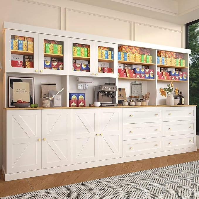 71" White Farmhouse Kitchen Pantry Cabinet Set of 4— Freestanding Coffee Bar with Glass Doors or Drawers, Microwave Stand, Large Storage Hutch with Adjustable Shelves for Kitchen, Living Room