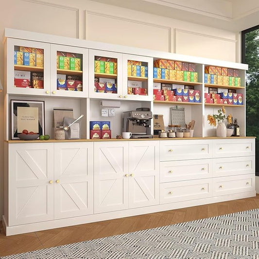 71" White Farmhouse Kitchen Pantry Cabinet Set of 4— Freestanding Coffee Bar with Glass Doors or Drawers, Microwave Stand, Large Storage Hutch with Adjustable Shelves for Kitchen, Living Room