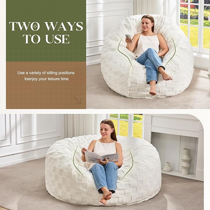 Hobestluk Bean Bag Chairs Beanbag Chair with Filler Adult Bean Bags with Fluffy Cover, Giant Bean Bag Chairs for Adults for Living Room, Bedroom (White, 5FT - 50” x 50” x 24”)