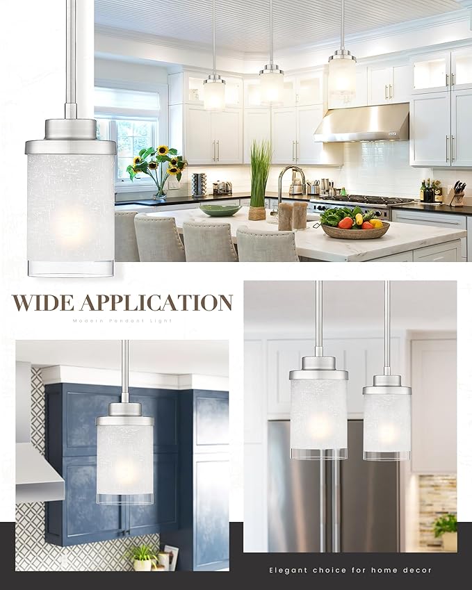 TENGXIN Modern Pendant Light for Kitchen Island, Brushed Nickel Hanging Ceiling Light Fixture,Farmhouse Pendant Lighting for Dining Room Bedroom Bar Office 2Pack,TXPLBN01-2PK