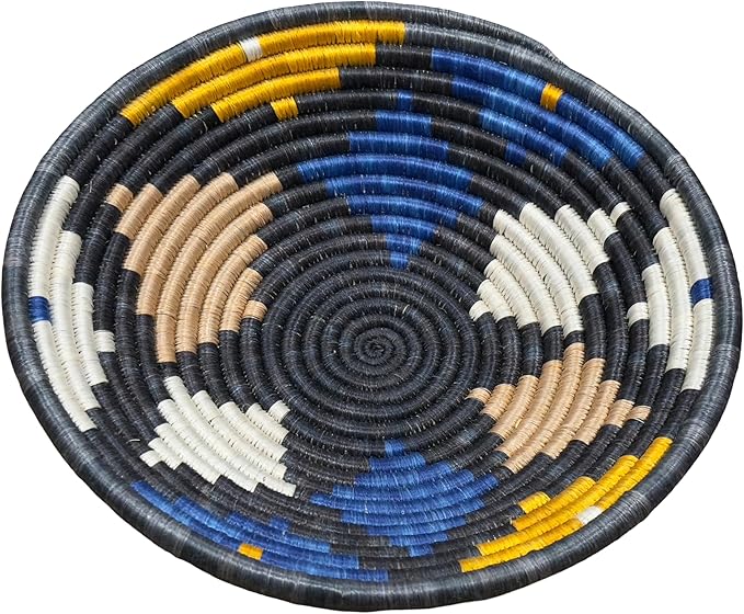 Handwoven African Basket Handmade sisal Fruit Bowl Wall Hanging decorative Baskets for Home Living Room Kitchen Centerpiece Zen Designs Arts and Crafts (Charcoal Grey Blue Tan, 10in diameter)