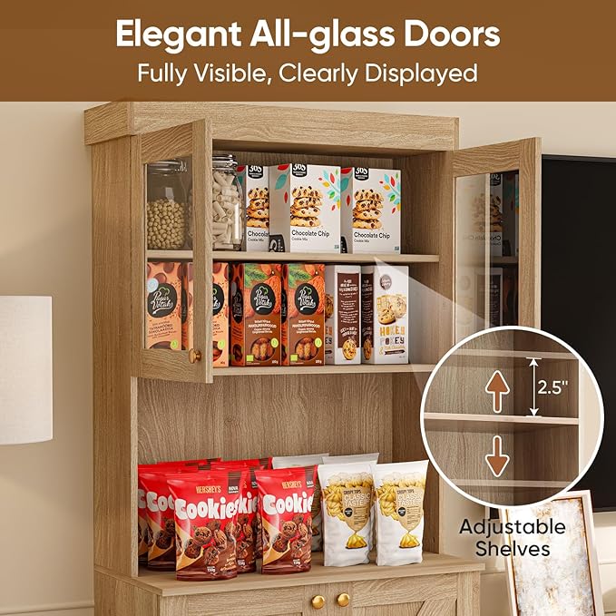 71" Tall Farmhouse Kitchen Pantry, Large Storage Cabinet with Glass Doors, Freestanding Coffee Bar Hutch with Microwave Stand, Adjustable Shelves for Kitchen, Living Room, Brown
