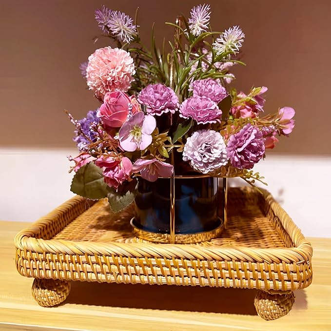 i-lan 9" Square Rattan Decorative Riser for Display,Small Items Serving Basket Vanity Tray - Square Woven Bread, Fruit, Keys Bowl Pedestal Stand,Flat Wicker Decorative Snack Trays for Candy Dish