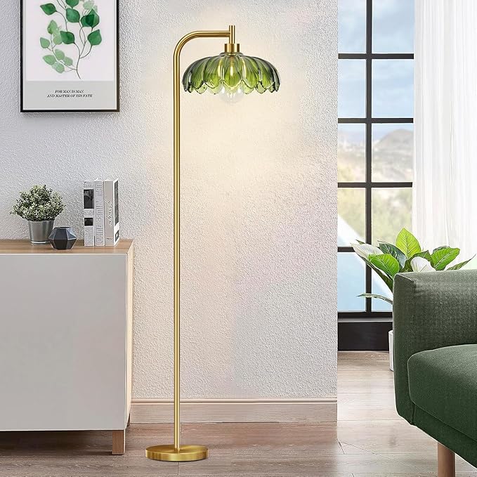 Glass Floor Lamp for Living Room,Bedroom,Gold Mid Century Modern Standing Lamp with Remote Dimmable,Boho Brass Tall Lamp Vintage Retro Green Arc Floor Lamps Flower Floor Light Bohemian