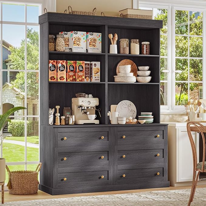 71" Farmhouse Kitchen Pantry Cabinet Set of 2 with Drawers, Black Freestanding Coffee Bar Hutch with Microwave Stand, Large Storage Cabinet with Adjustable Shelves for Kitchen, Living Room