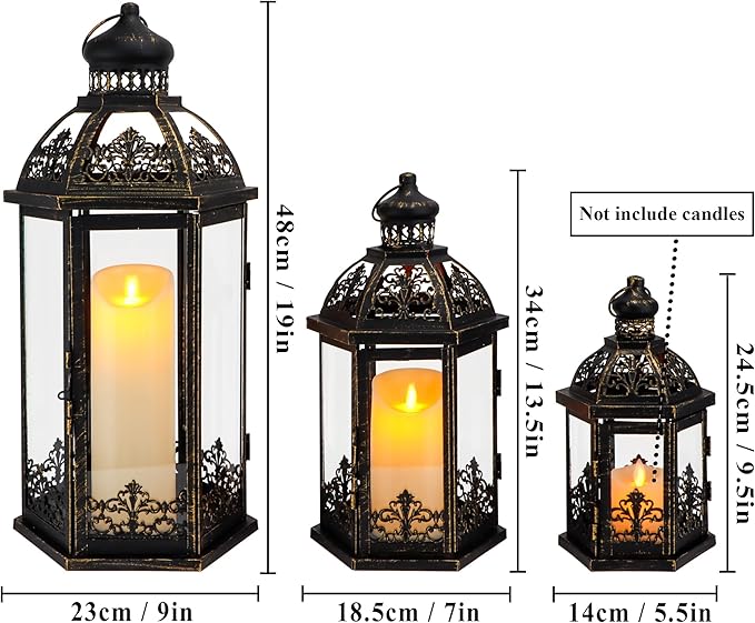 TRIROCKS Large Set of 3 Decorative Lanterns 19''&13.5''&9.5" H Vintage Hanging Lantern Metal Candleholder with Tempered Glass for Indoor Outdoor Home Decor Parties Garden(Black with Gold Brush)