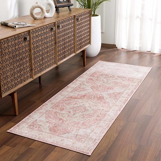 Blush & Light Pink Collection Kandos Bohemian Oriental Medallion Runner Rug - Traditional Floral Carpet for Hallway, Kitchen - Blush, Dusty Pink, Cream - 2'7" x 10' Runner