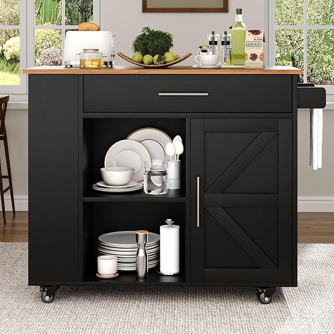 4 EVER WINNER Kitchen Island with Storage, Island Table for Kitchen with Spice Rack & Towel Rack & Open Shelves, Rolling Kitchen Island with Storage Cabinet and Drawer, Black