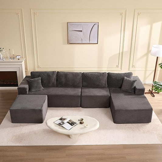 138" Boneless Couch with Deep Seat, Modular Sectional Sofa, Cloud Sectional Couch for Living Room, No Assembly Required, Corduroy, U-Shape 4 Seater Right, Gray