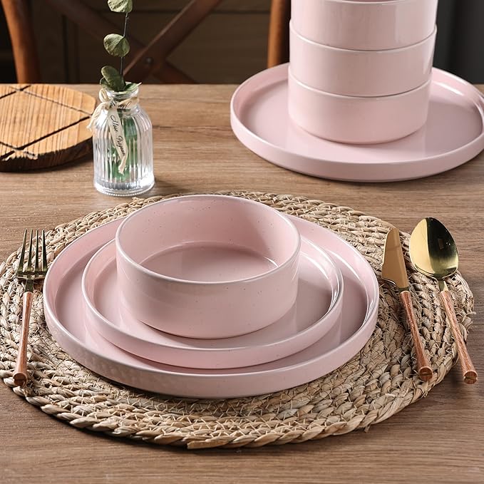 GBHOME Dinnerware Set for 4, 12 Piece Speckled Plates and Bowls Set with Glazed Bottom, Chip & Scratch Resistant Stoneware Plates Sets, Dishwasher & Microwave Safe Dishes (Pink, Service for 4)