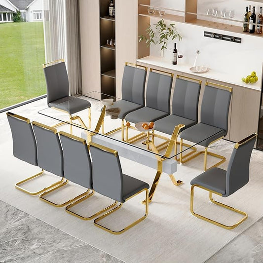 11 Piece Glass Dining Table Set, 79" Modern Dining Table Set for 10, 0.5" Thick Tempered Glass Tabletop with Silver Chrome Metal Legs and Grey Crossbar, 10 PU Chairs for Dining Room, Kitchen