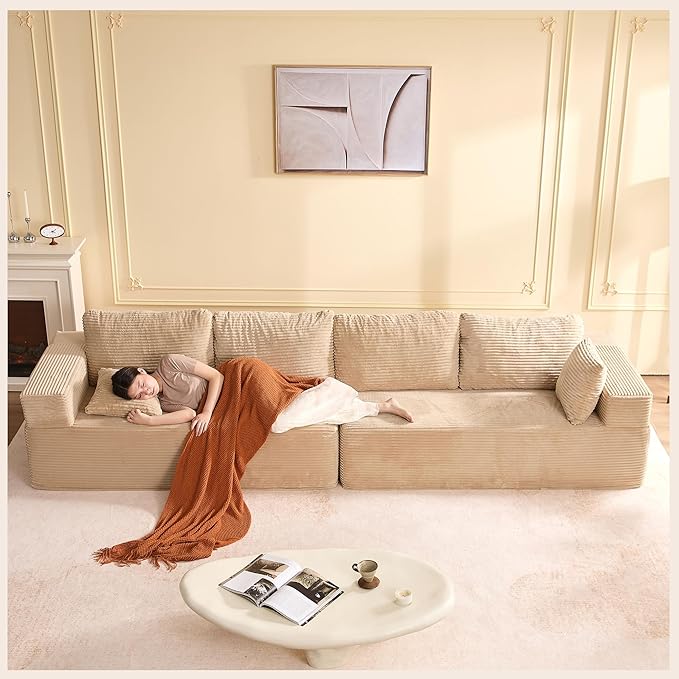 138" Modular Sofa Memory Foam Sectional Couches for Living Room, Sleeper Sofa Bed, Corduroy, Camel