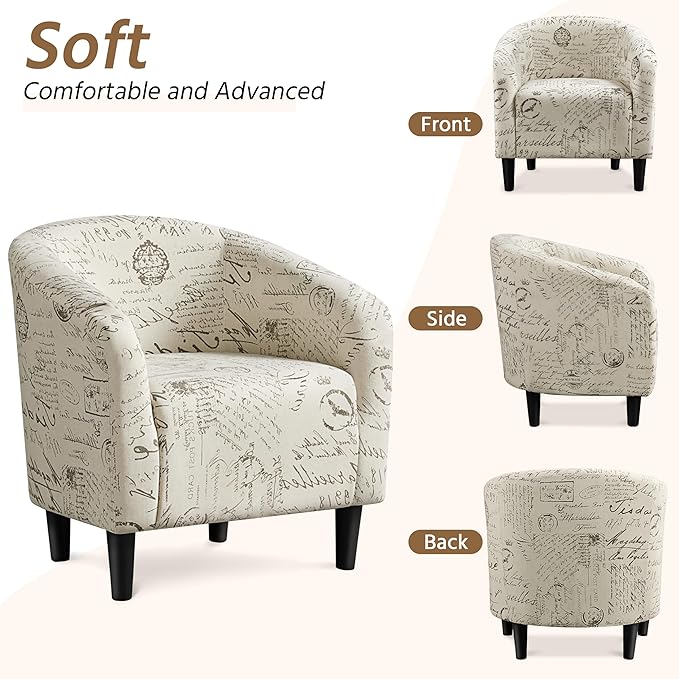 Yaheetech Accent Chair with Foot Rest, Mid Century Modern Upholstered Soft Barrel Chair, Comfy Fabric Armchair and Footrest Set for Living Room/Bedroom/Reading Room, Set of 2 Letter Print