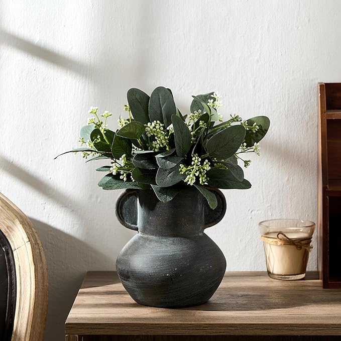 Antique Ceramic Vase with 2 Handles, 6.1 Inch Farmhouse Rustic Vase, Small Decorative Pottery Flower Vases for Home Decor, Wedding, Living Room, Table, Shelf Decor, Black Bronze