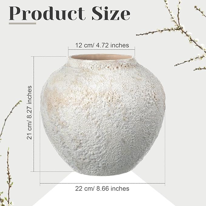 White Ceramic Decorative Flower Vase 8.27" x 8.66" Textured Round Rustic Pottery Vintage Large Vase for Home Decor Centerpieces Living Room Christmas Decoration