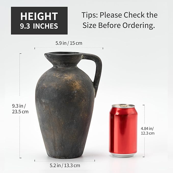 Antique Rustic Ceramic Vase, 9.3 Inch Tall Large Terracotta Vase with Handle, Vintage Farmhouse Pottery Vase for Home Decor, Living Room, Entryway, Wedding, Thanksgiving - Black Bronze