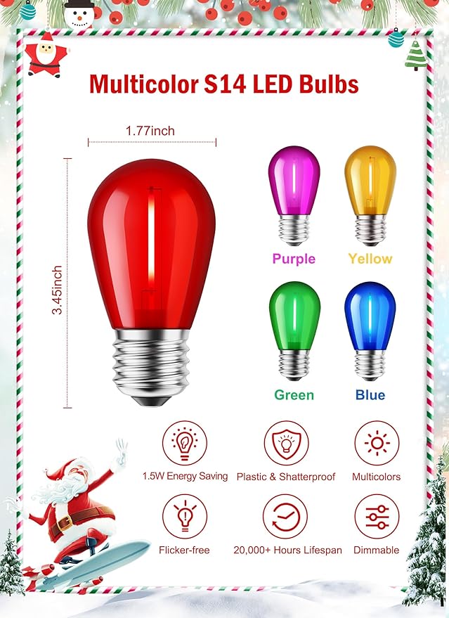 Minetom 20 Pack Multicolor S14 LED Christmas Replacement Light Bulbs, UL Listed, 1 Watt E26 Medium Base Plastic Shatterproof LED Edison Bulbs, Easily Screw in Strings Spools Strands