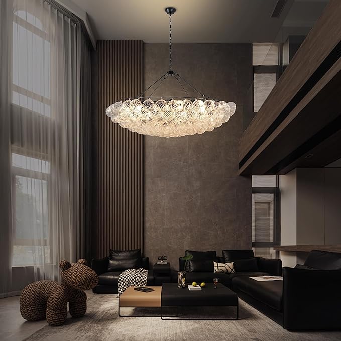 Bubble Chandelier Dia 55 Inch, Modern Hand Blown Glass Chandelie Cluster Glass Globe Pendant Light for Dining Room, Living Room, Farmhouse, 34 Lights