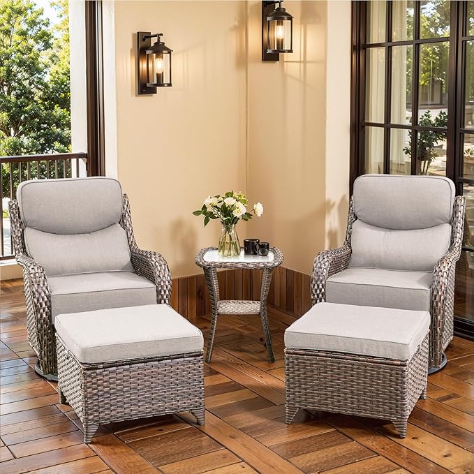 Luxury Outdoor Furniture Set with 6-Inch Thick Cushions, High Back Swivel Patio Chairs with Ottomans & Side Table, Wicker Outdoor Swivel Chairs Set for Porch, Yard, Deck, Poolside, Brown/Beige