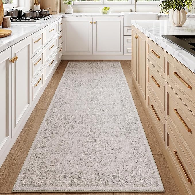 Gray Runner Rug 3x10 Hallway Machine Washable Kitchen Vintage Distressed Non Slip Long Carpet Indoor Grey Retro Floral Bedroom Accent Throw Rug for Bathroom Office Laundry Dining Living Room